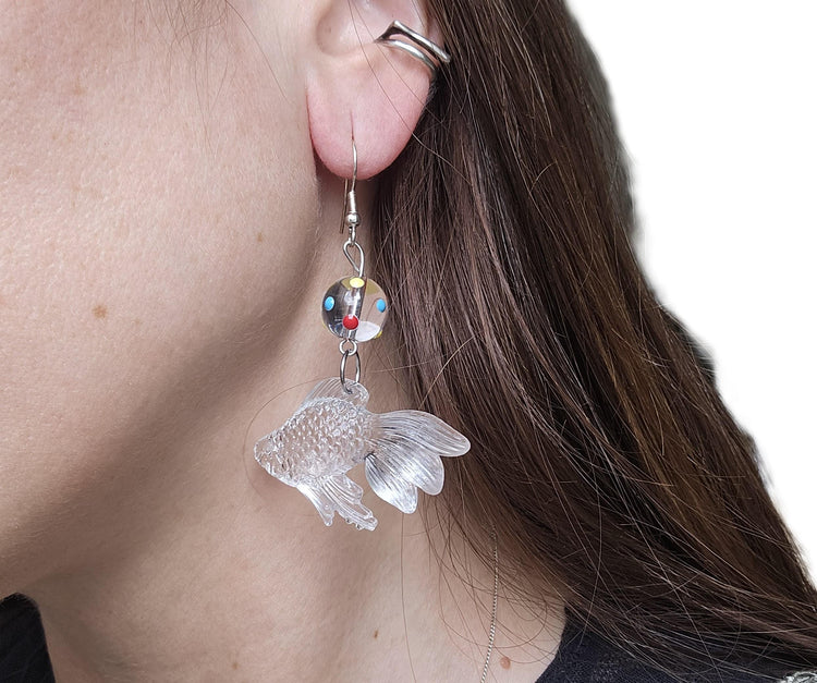 3D Goldfish Earrings with Glass Bead, Cute Japanese Kawaii Fish Jewellery, Quirky Handmade Animal Drop Earrings, Unique Gift