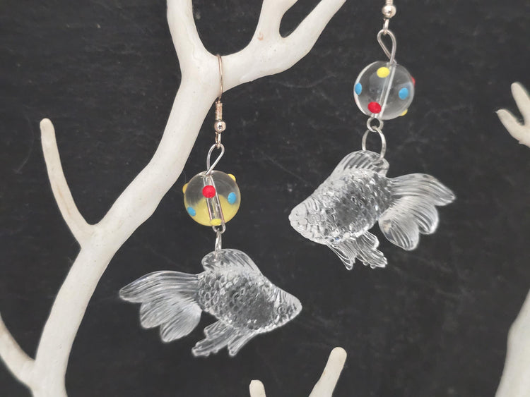 3D Goldfish Earrings with Glass Bead, Cute Japanese Kawaii Fish Jewellery, Quirky Handmade Animal Drop Earrings, Unique Gift