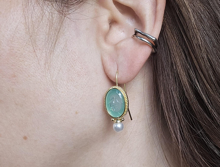 Turquoise Pearl Drop Earrings, Oval Vintage Art Deco Boho Jewellery, Antique Brass Wedding Earrings, Something Blue Bridal Gift