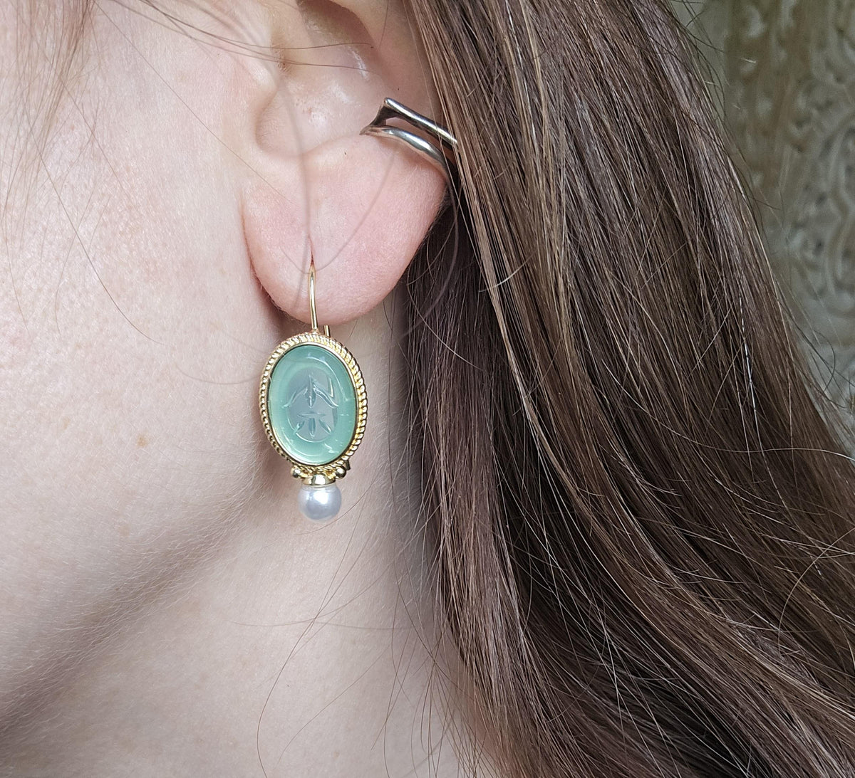 Turquoise Pearl Drop Earrings, Oval Vintage Art Deco Boho Jewellery, Antique Brass Wedding Earrings, Something Blue Bridal Gift