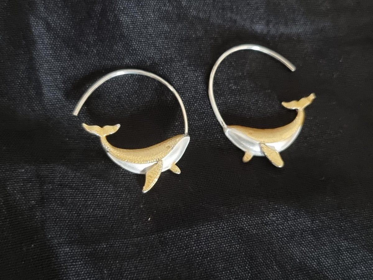 Humpback Whale Hoop Earrings, 14k Gold Silver Marine Animal Jewellery, Ocean Lover Gift, Boho Chic Vintage Style Earrings