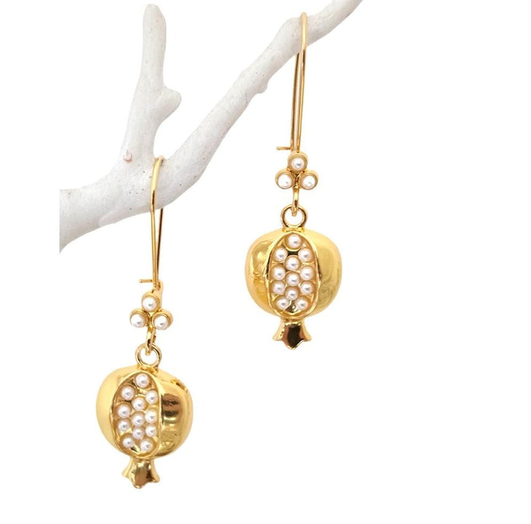 Boho Pomegranate Earrings - Filigree Drop Earrings, Gold Pearl Dangle, Vintage Style