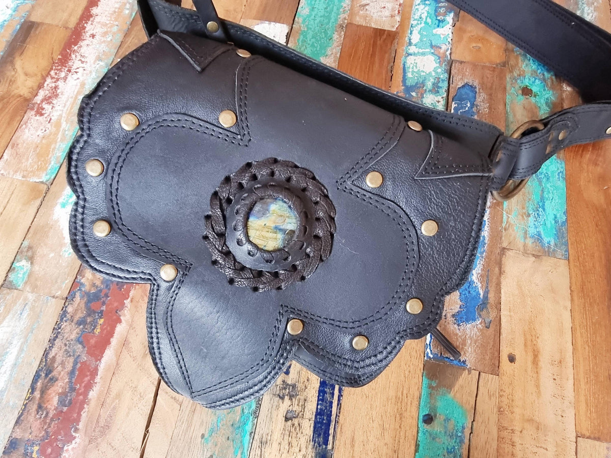 Womens Leather Fanny Pack: Boho Festival Hip Bag with Labradorite