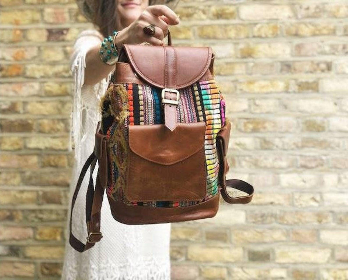 Large Rainbow Leather Backpack for Women – Unique Multicoloured Rucksack - Boho Travel Bag