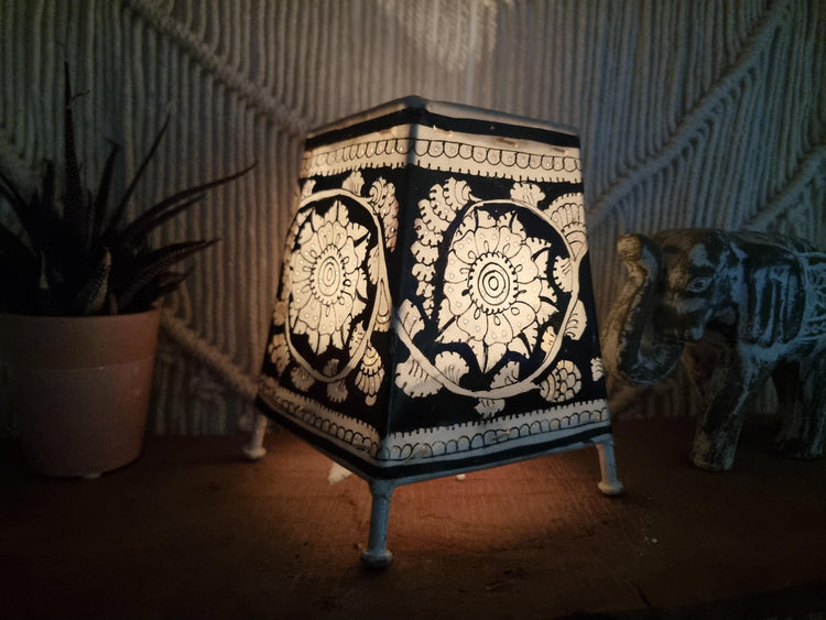 Hand-Painted Floral Leather Lampshade: Boho Indian Tribal Art Decor