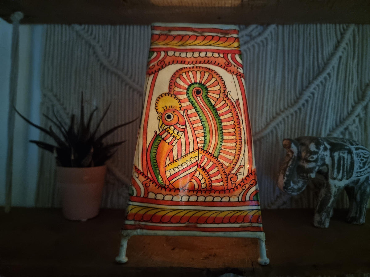 Hand-Painted Leather Lampshade: Peacock & Floral Boho Home Decor