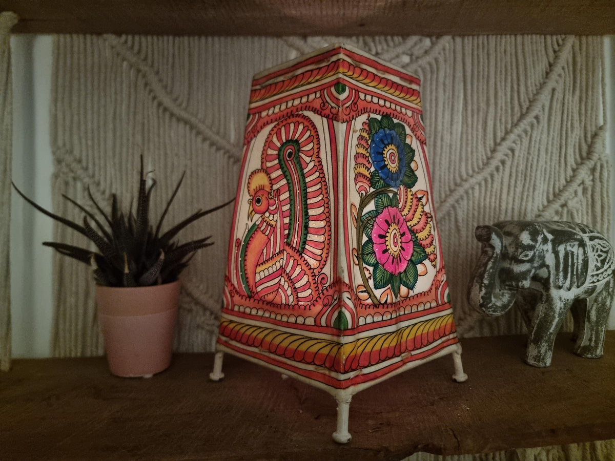 Hand-Painted Leather Lampshade: Peacock & Floral Boho Home Decor
