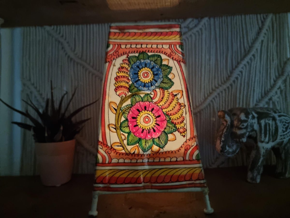 Hand-Painted Leather Lampshade: Peacock & Floral Boho Home Decor