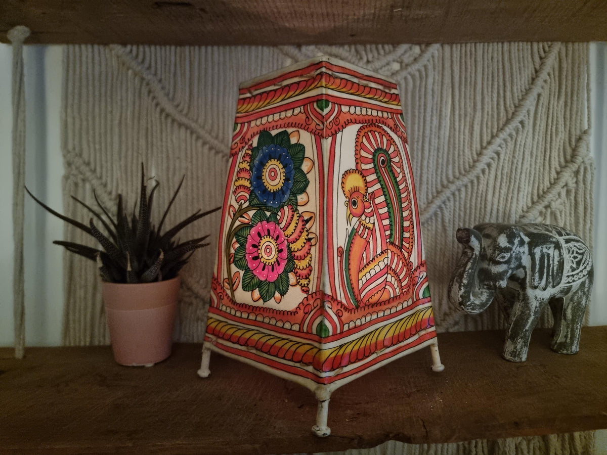 Hand-Painted Leather Lampshade: Peacock & Floral Boho Home Decor