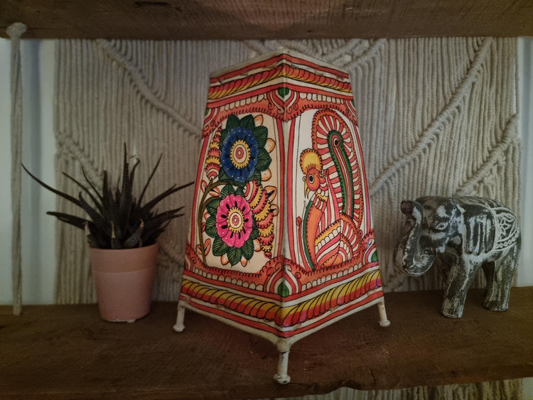 Hand-Painted Leather Lampshade: Peacock & Floral Boho Home Decor