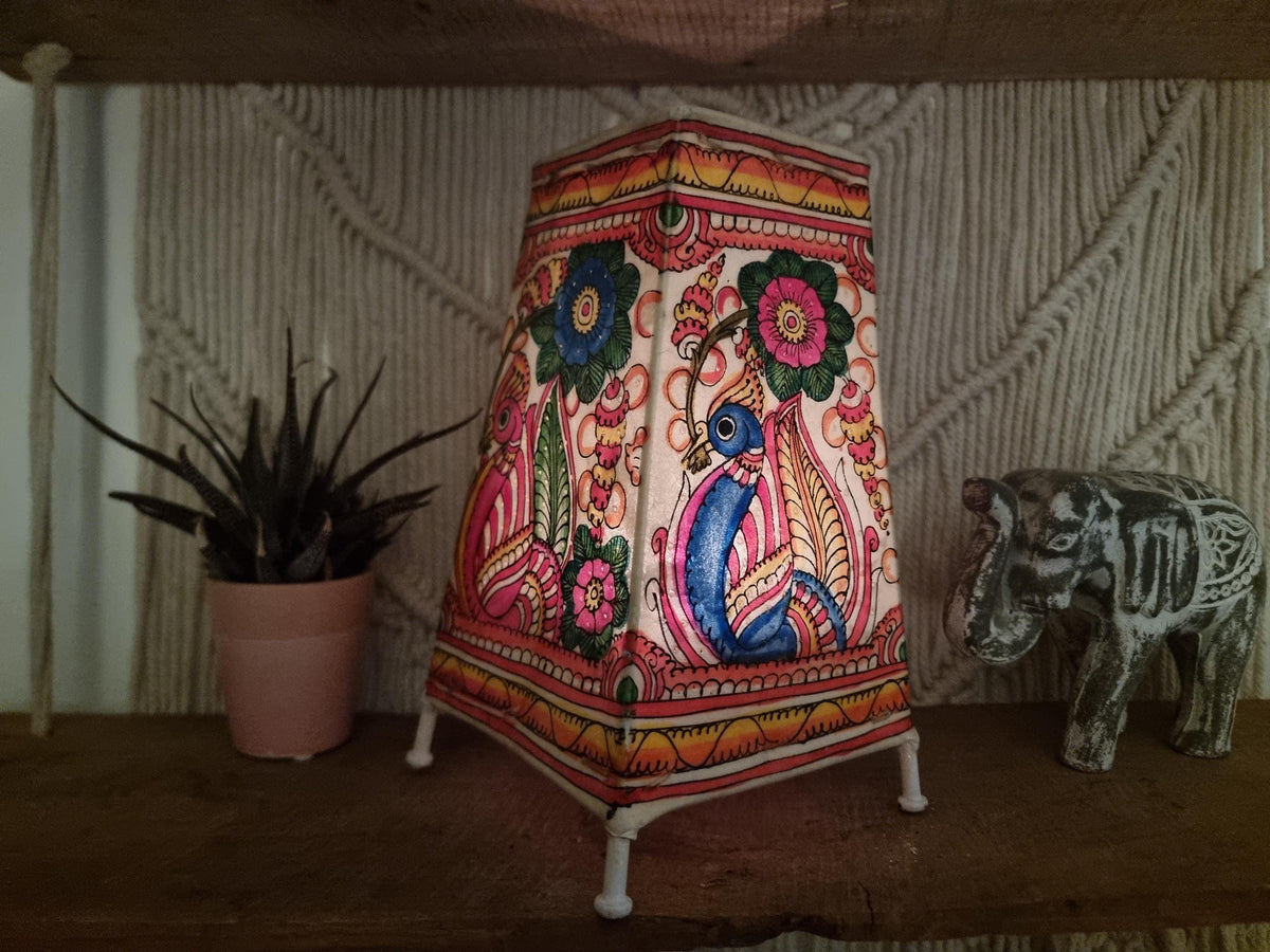 Hand-Painted Peacock Leather Lampshade: Boho Tribal Home Decor