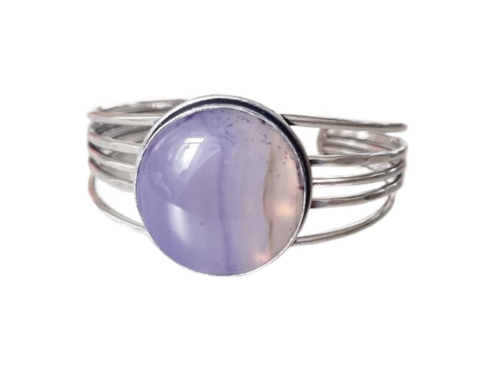 Blue Lace Agate Cuff Bracelet – Silver Plated Purple Gemstone Statement Jewellery