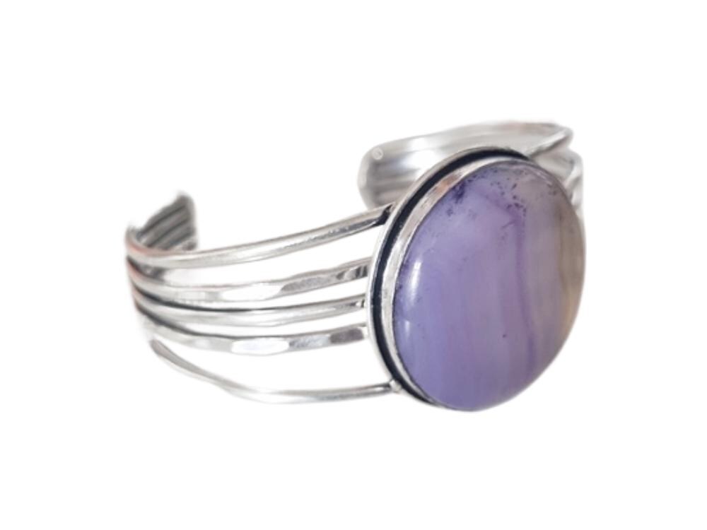 Blue Lace Agate Cuff Bracelet – Silver Plated Purple Gemstone Statement Jewellery
