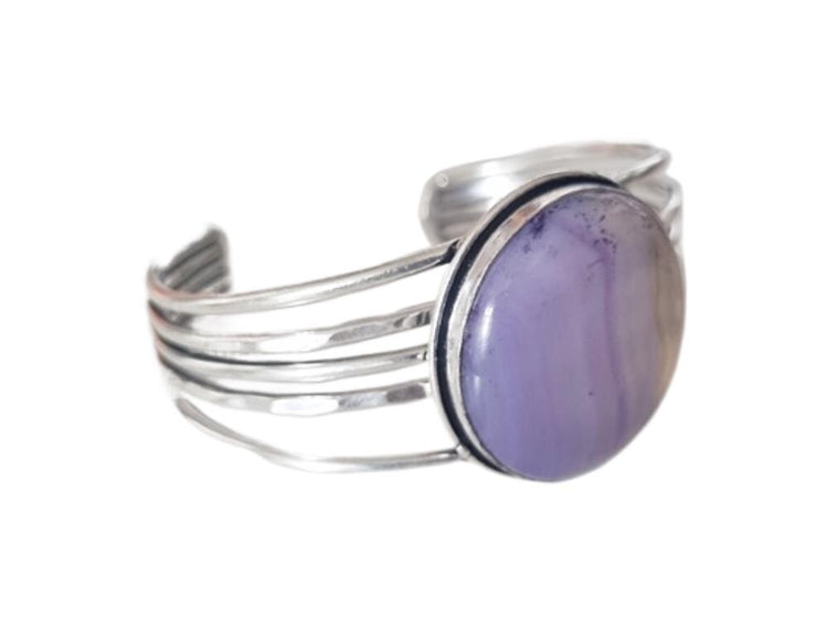 Blue Lace Agate Cuff Bracelet – Silver Plated Purple Gemstone Statement Jewellery