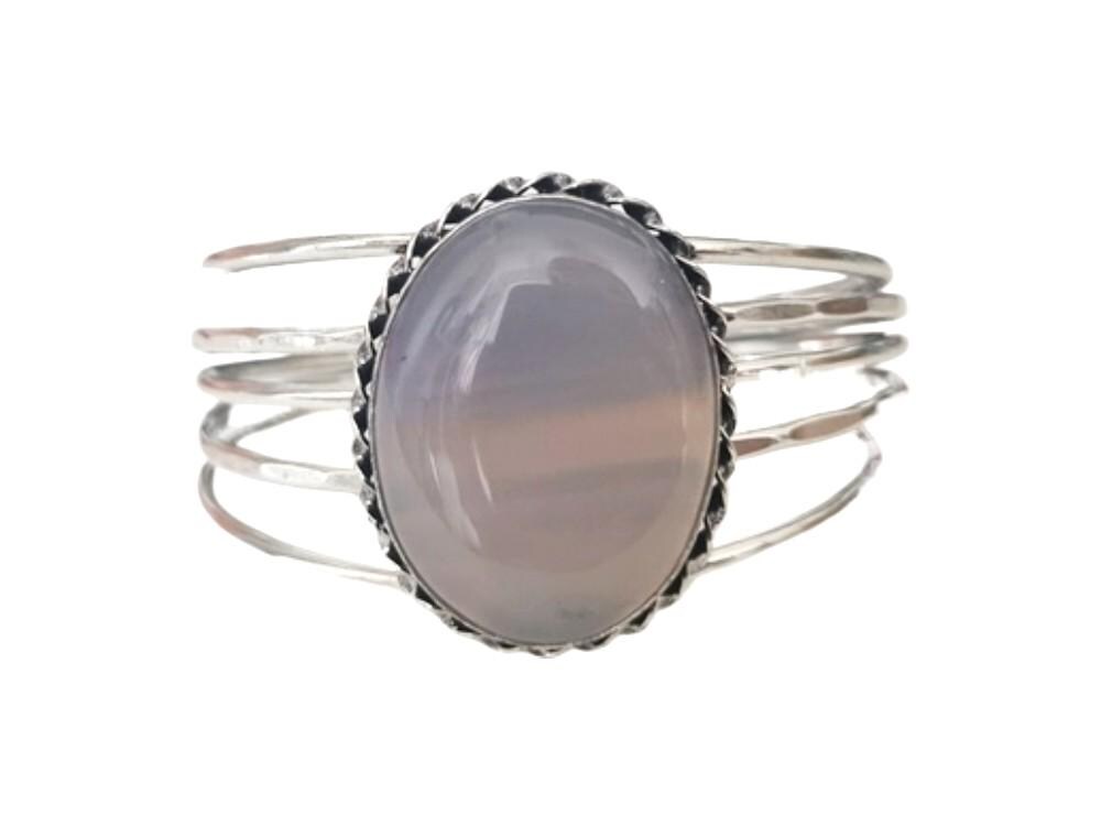Blue Lace Agate Cuff Bracelet: Sterling Silver Plated Boho Bangle