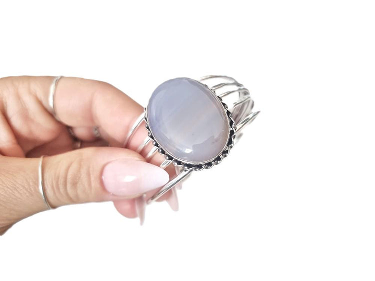 Blue Lace Agate Cuff Bracelet: Sterling Silver Plated Boho Bangle