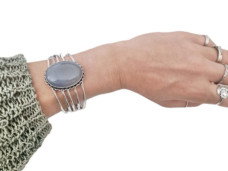 Blue Lace Agate Cuff Bracelet: Sterling Silver Plated Boho Bangle