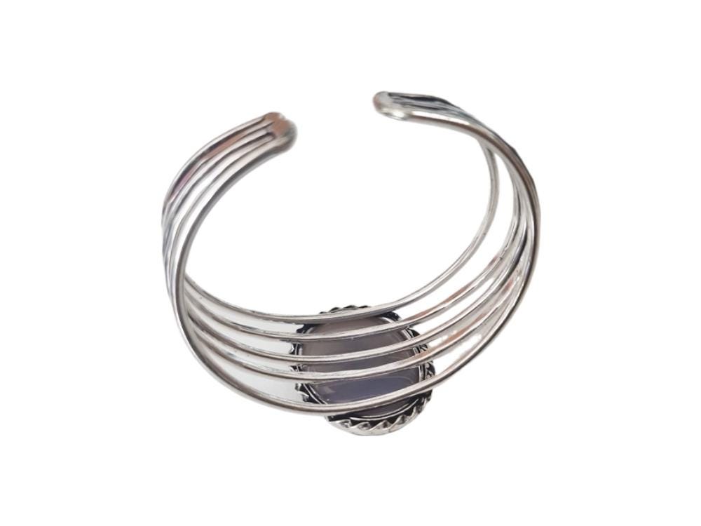 Blue Lace Agate Cuff Bracelet: Sterling Silver Plated Boho Bangle