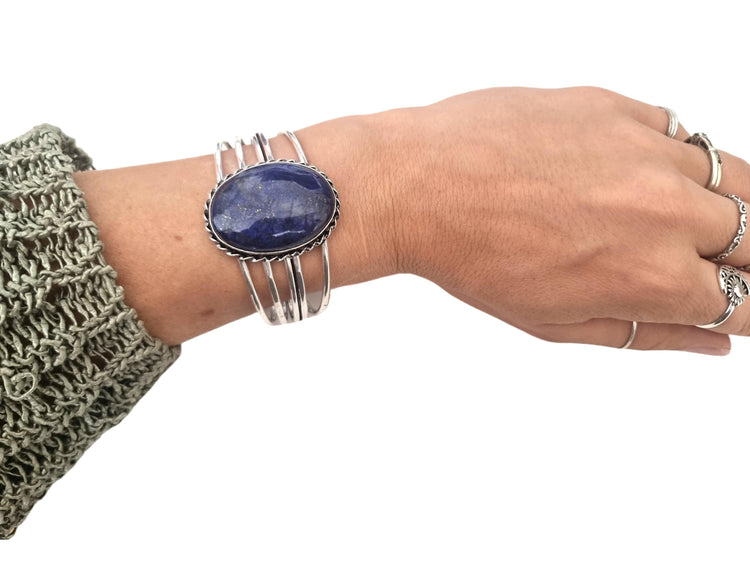 Lapis Lazuli Stone Bangle Bracelet: Sterling Silver Plated Boho Cuff Bracelet