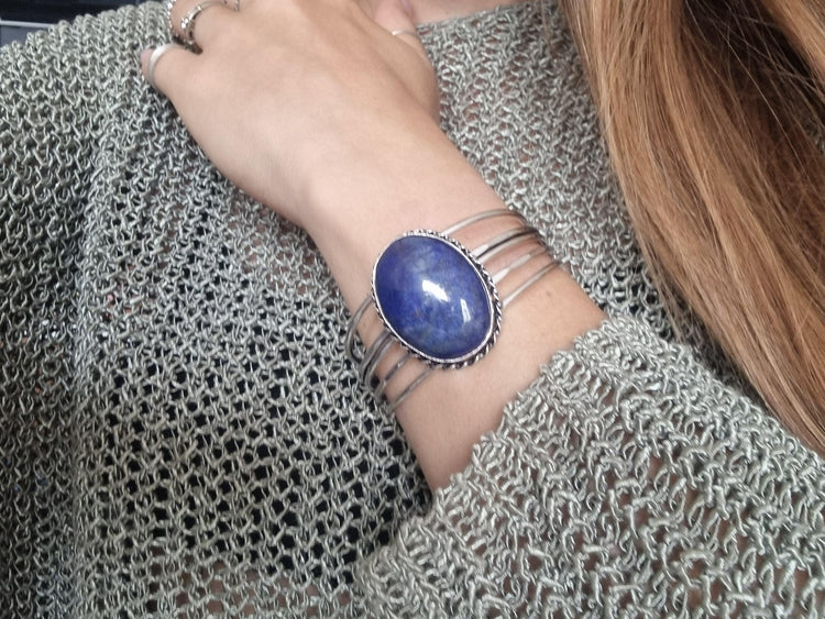 Lapis Lazuli Stone Bangle Bracelet: Sterling Silver Plated Boho Cuff Bracelet