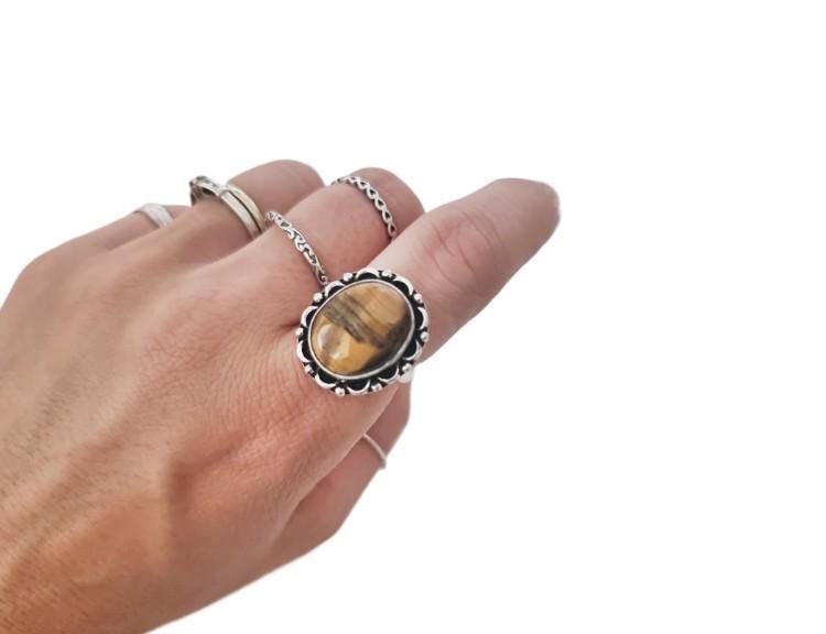 Tiger Eye Ring: Sterling Silver-Plated Boho Statement Ring (Size Q, 17.3mm)