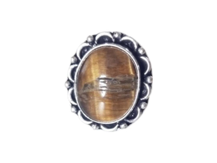 Tiger Eye Ring: Sterling Silver-Plated Boho Statement Ring (Size Q, 17.3mm)