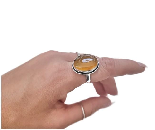 Yellow Agate Sterling Silver Ring: Handmade Boho Statement Jewelry, Size Q