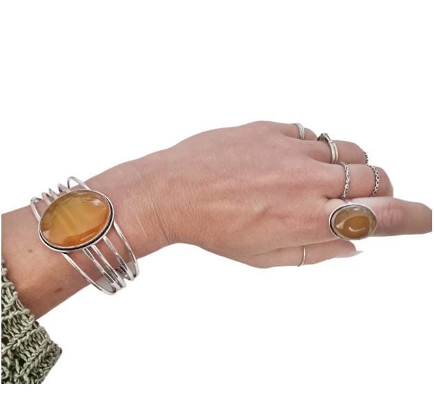 Yellow Agate Sterling Silver Ring: Handmade Boho Statement Jewelry, Size Q