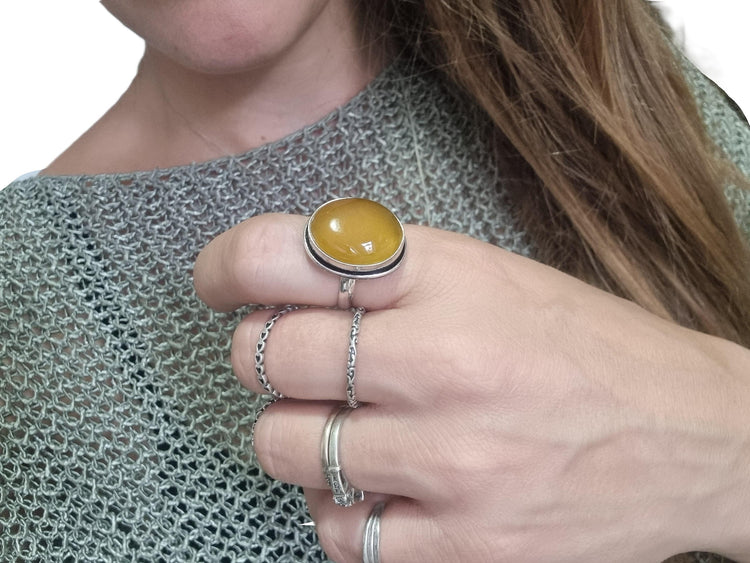 Yellow Agate Sterling Silver Ring: Handmade Boho Statement Jewelry, Size Q