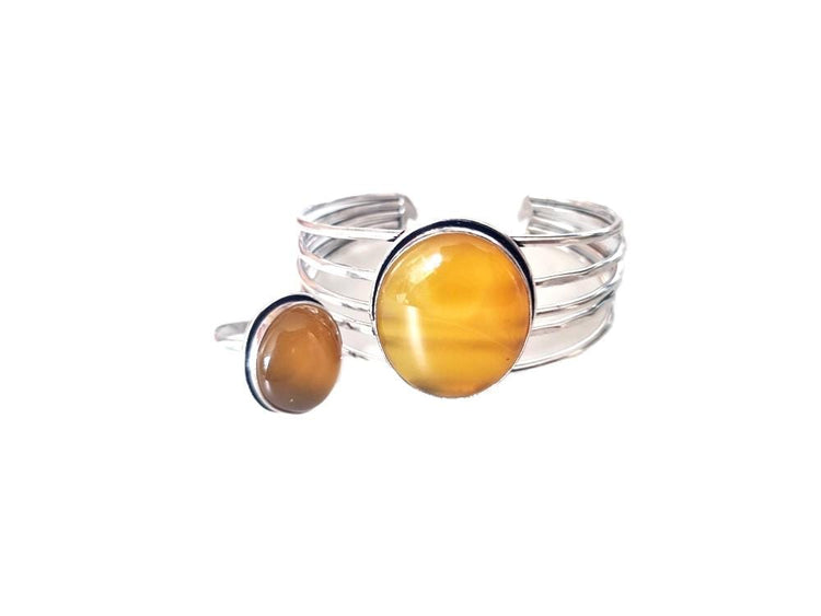 Yellow Agate Sterling Silver Ring: Handmade Boho Statement Jewelry, Size Q