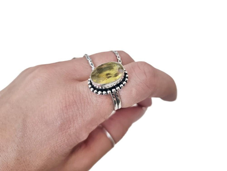 Lemon Quartz Sterling Silver Ring - Handmade Boho Jewelry, UK Size P