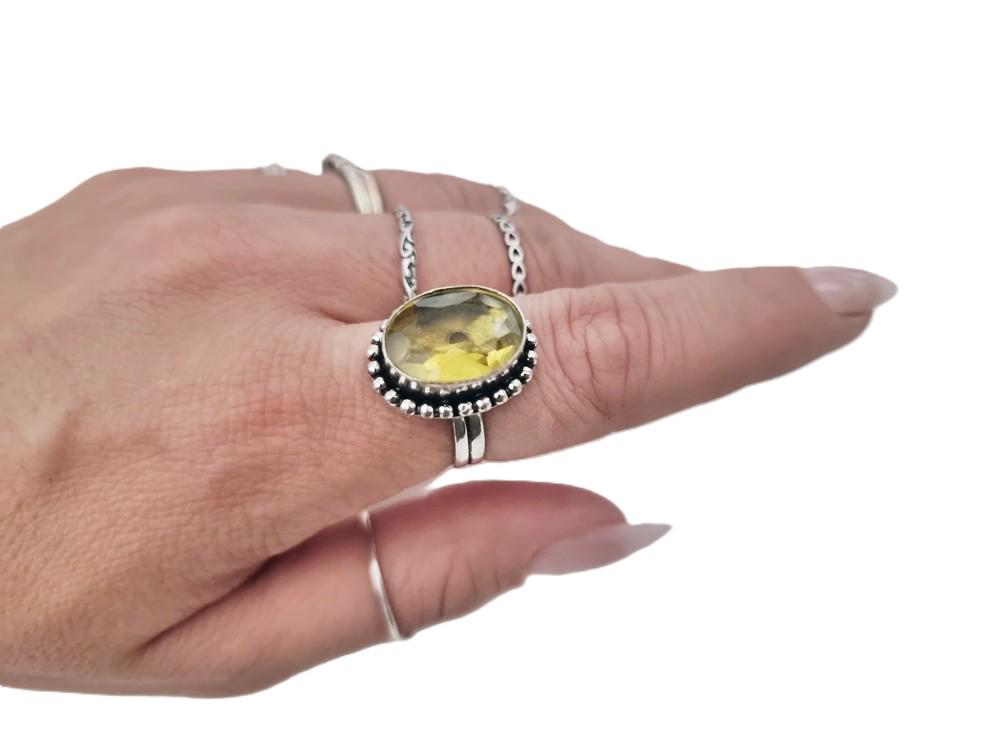 Lemon Quartz Sterling Silver Ring - Handmade Boho Jewelry, UK Size P