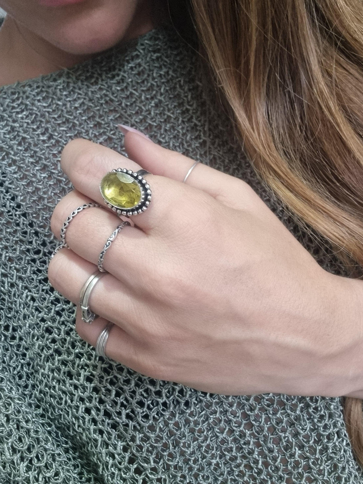 Lemon Quartz Sterling Silver Ring - Handmade Boho Jewelry, UK Size P