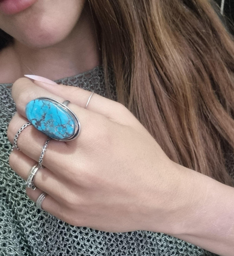 Adjustable Turquoise Sterling Silver Ring: Boho Gemstone Jewelry