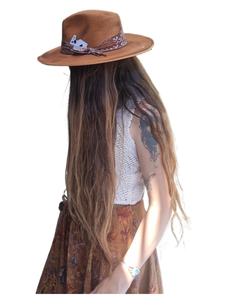 Distressed Brown Fedora: Vegan Felt Cowboy Hat with Poker Card