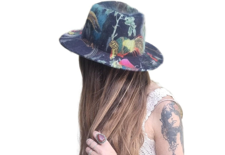 Handmade Wool Fedora Hat: Botanical Leaf & Feather Print, Boho Rocker Style