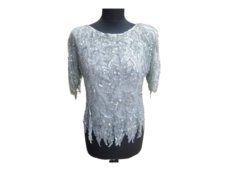 1980s Sequin Silk Blouse: Vintage Beaded Party Top, Size M