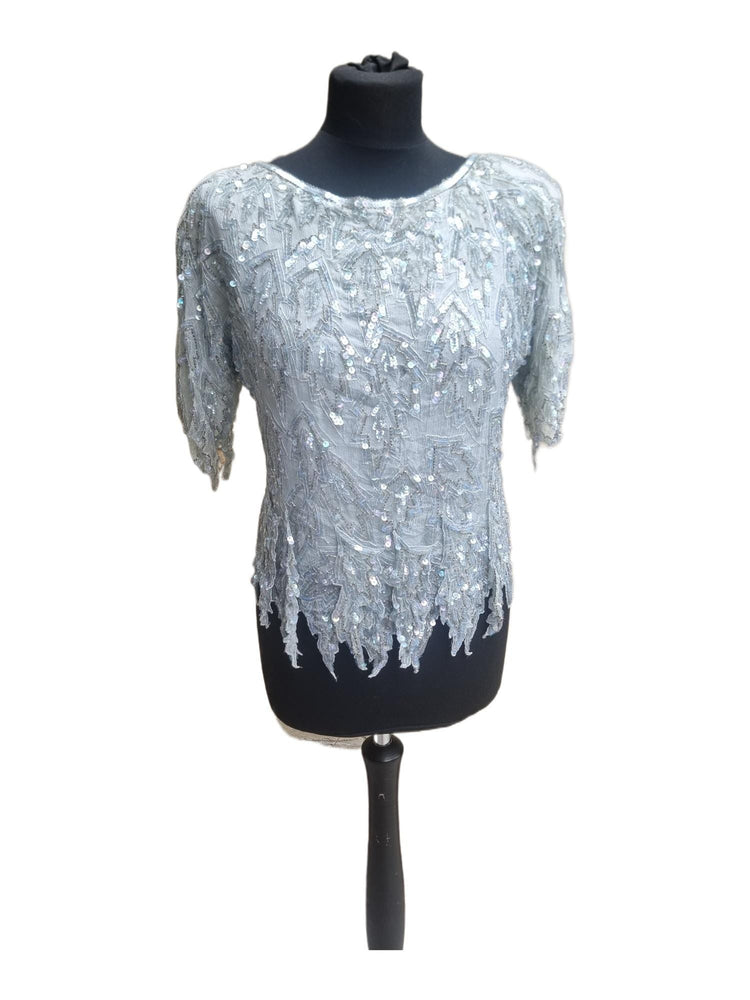 1980s Sequin Silk Blouse: Vintage Beaded Party Top, Size M