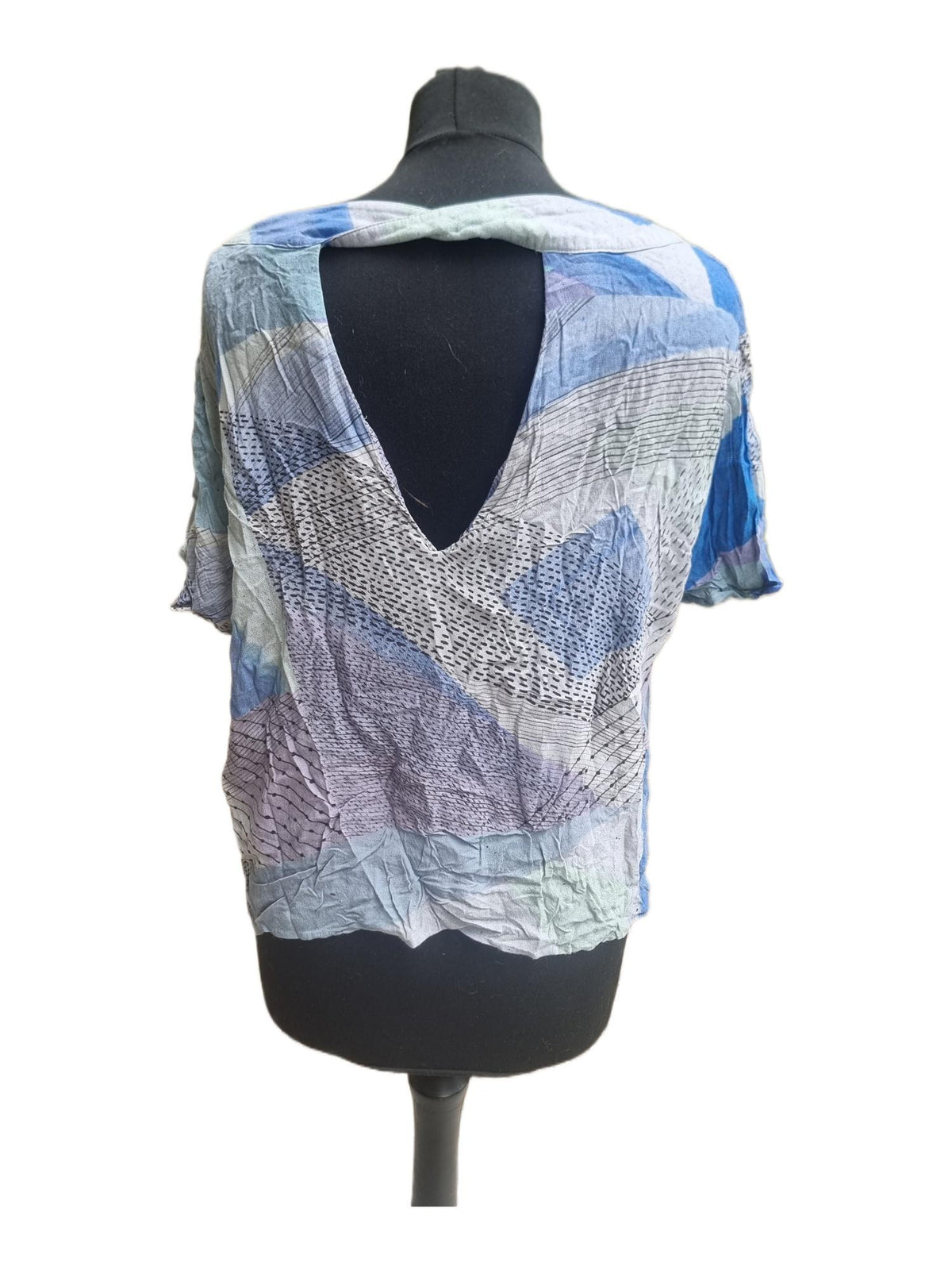 Vintage 1980s Geometric Blouse, Blue Black Retro Top, 80s Colour Block Shirt, Oversized Viscose Blouse, Retro Festival Top UK 14