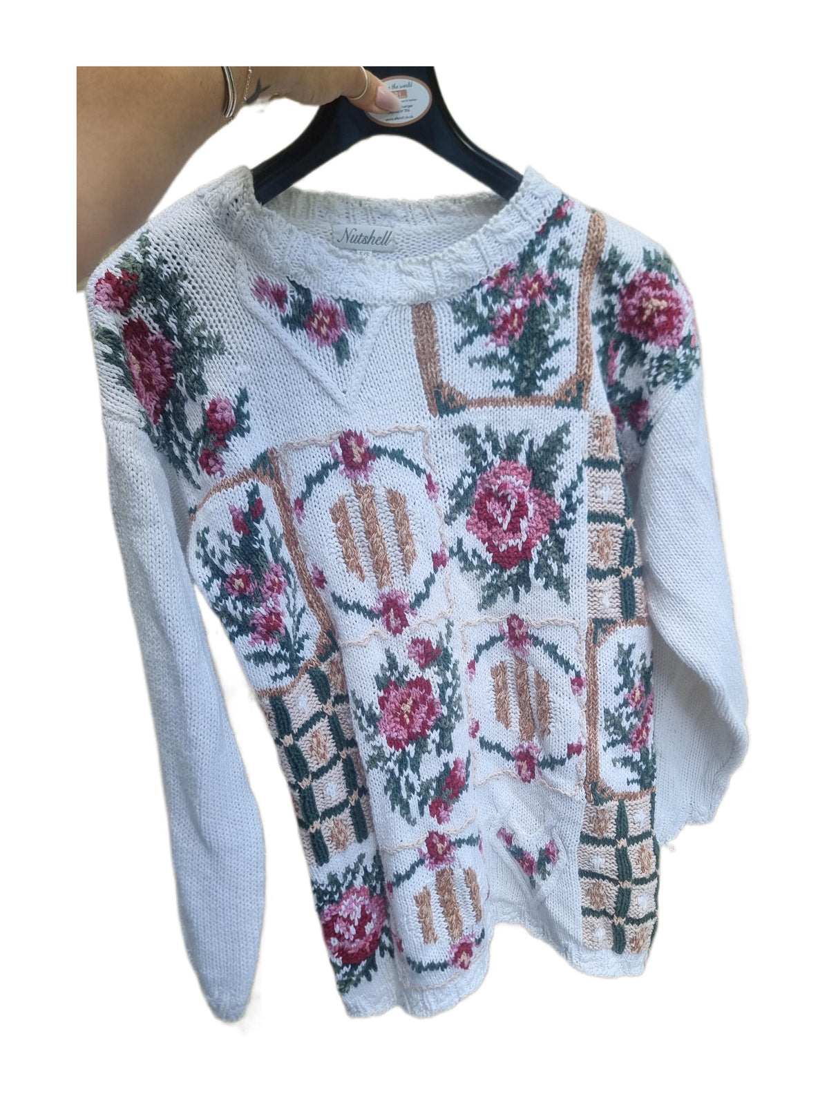Vintage Floral Knit Sweater Dress: 80s Shoulder Pads, Boho Style