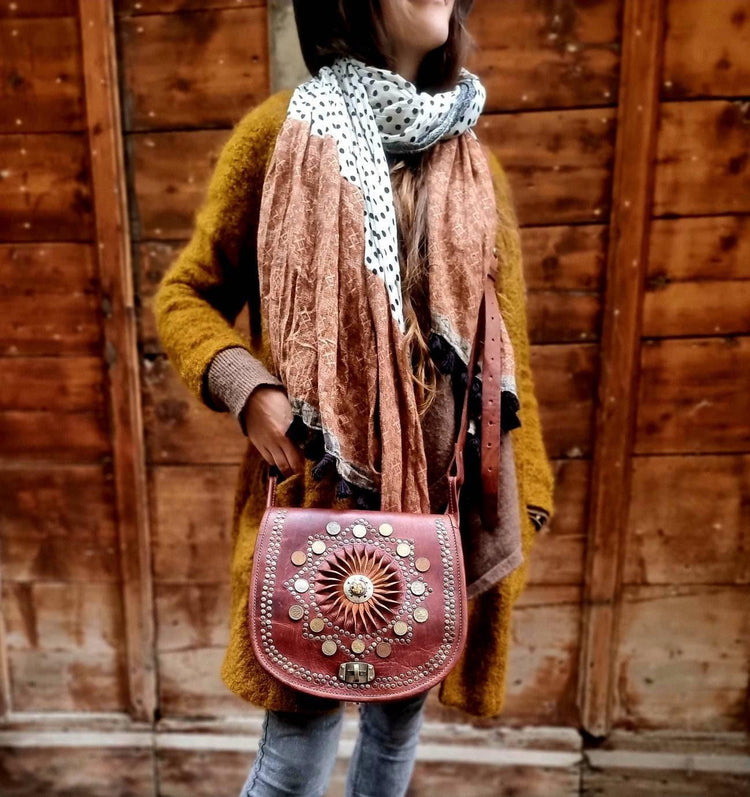 Hippie leather bag gypsy coins, boho leather purse stone, women's crossbody bag, vintage satchel, moroccan berber, festival