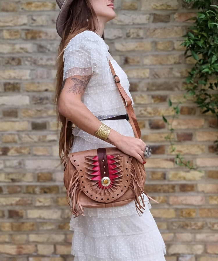 Unique women leather crossbody bag with fringe and hearts - tooled leather purse medium size