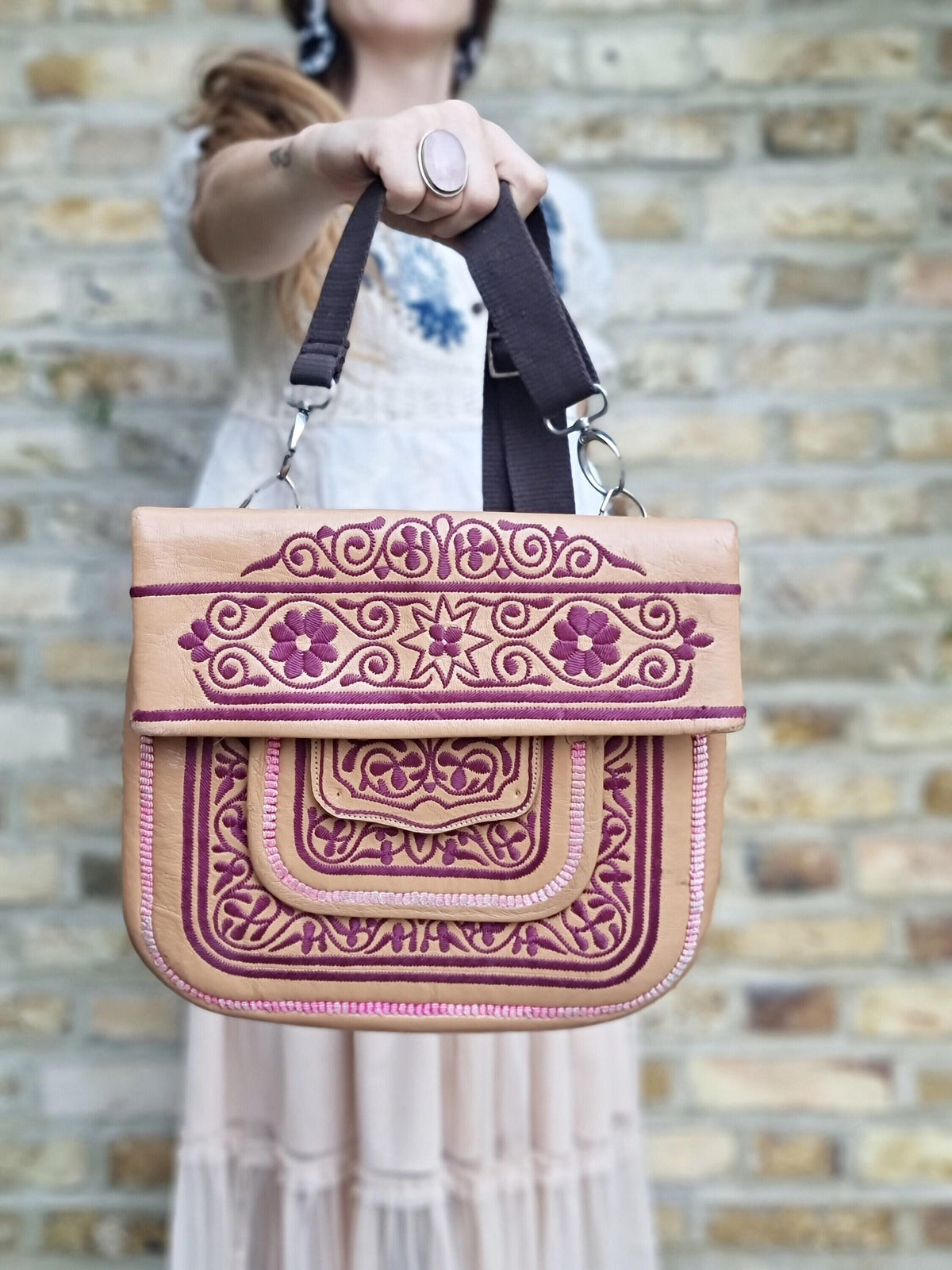 Vintage Moroccan Berber Leather Bag – Embroidered Boho Shoulder Satchel - Festival Purse