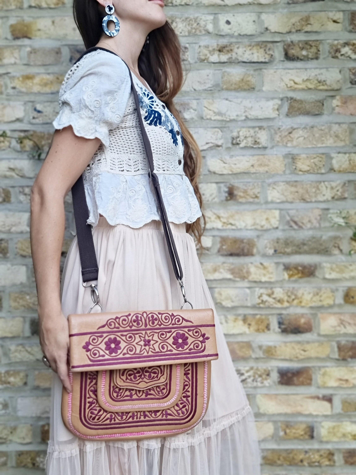 Vintage Moroccan Berber Leather Bag – Embroidered Boho Shoulder Satchel - Festival Purse