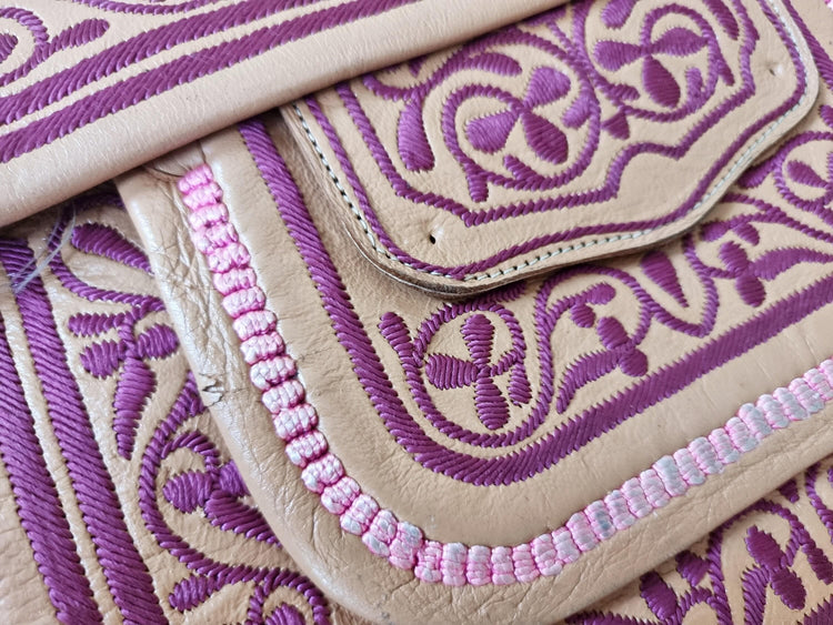 Vintage Moroccan Berber Leather Bag – Embroidered Boho Shoulder Satchel - Festival Purse