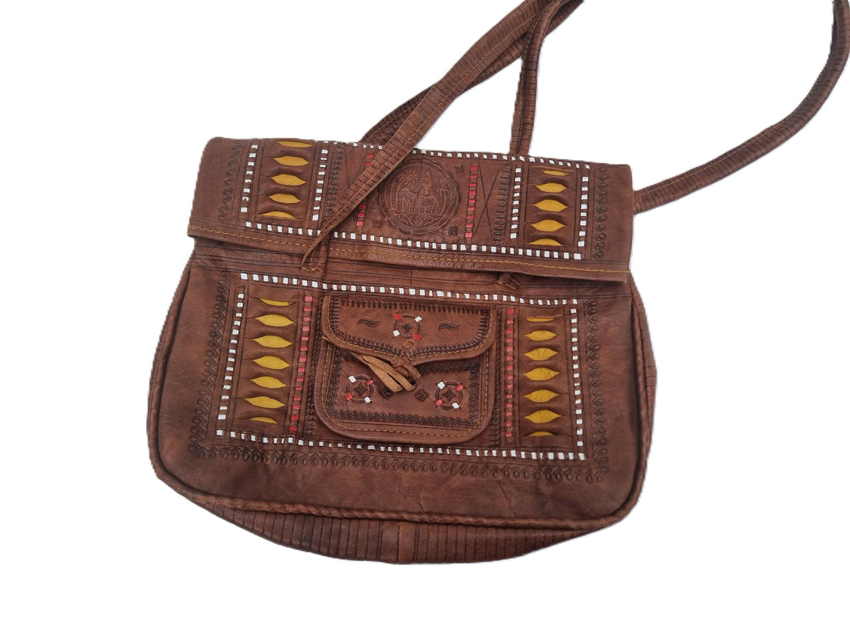 Large Tooled Leather Tote Bag – Handmade Moroccan Boho Shoulder Bag