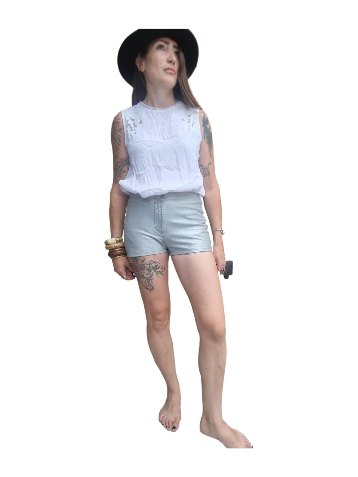 Vintage DKNY Leather Shorts, Y2K Metallic Silver Soft Genuine Leather Festival Shorts, XS UK 6 (34), Summer Party Outfit