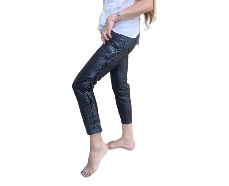 Vintage Lace-Up Leather Pants - 80s 90s XS Biker Trousers