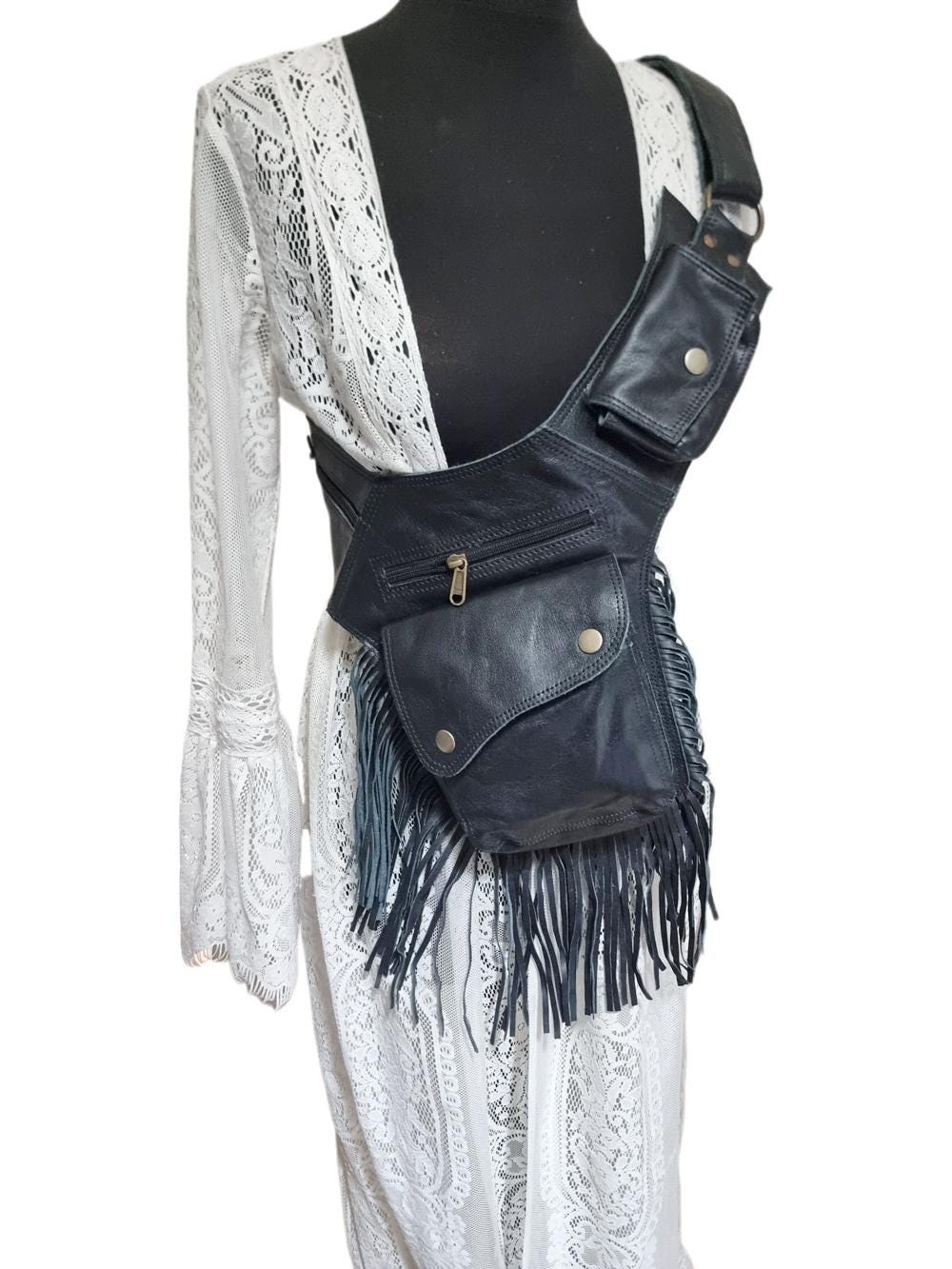 Leather Festival Belt Bag with Fringe – Boho Hip Pouch, Western Bum Bag & Steampunk Waist Bag