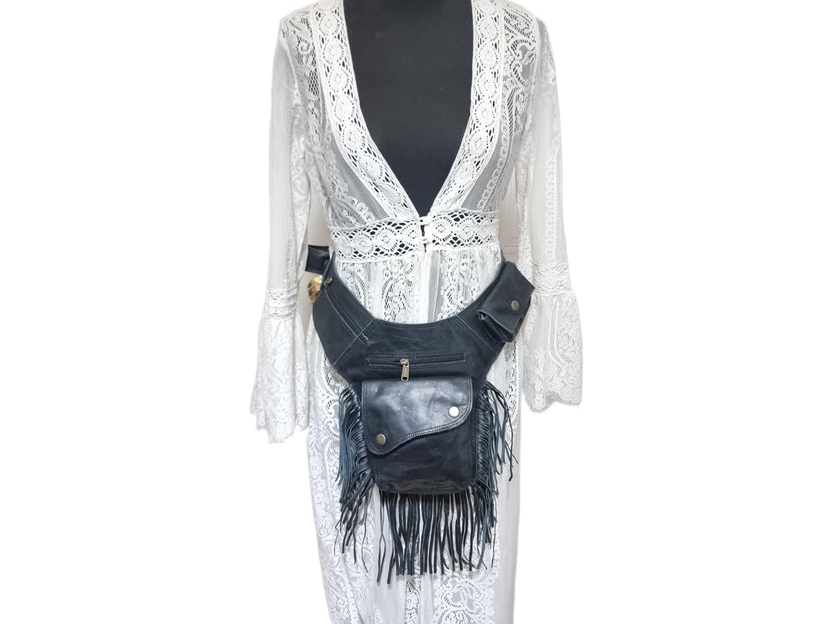 Leather Festival Belt Bag with Fringe – Boho Hip Pouch, Western Bum Bag & Steampunk Waist Bag